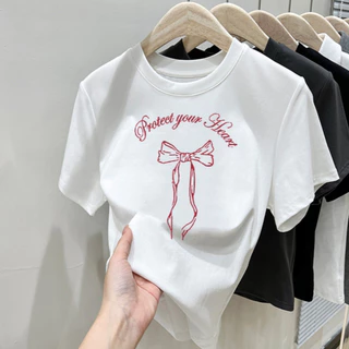 🎀🎀เสื้อโบว์ ผู้หญิง เสื้อยืด oversize คอกลมแขนสั้น พิมพ์ลายน่ารัก แฟชั่่นเสื้อสวยๆ สีพื้น สีขาว-สีดำ สำหรับผู้หญิง