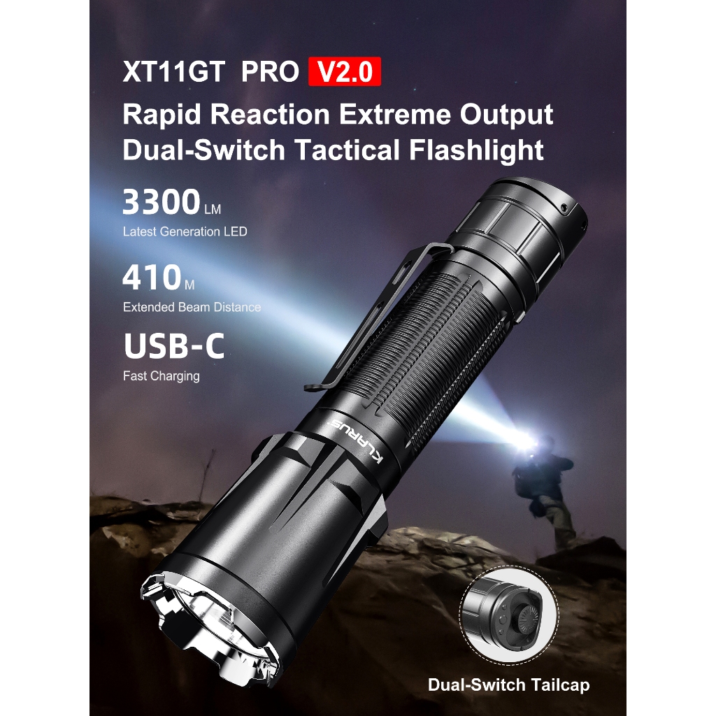 ไฟฉาย KLARUS XT11GT PRO Ver2.0 Compact แรง 3300 lm สวิทซ์ท้ายคู่ คุมง่าย เร็ว Turbo กระพริบทันที ศูน