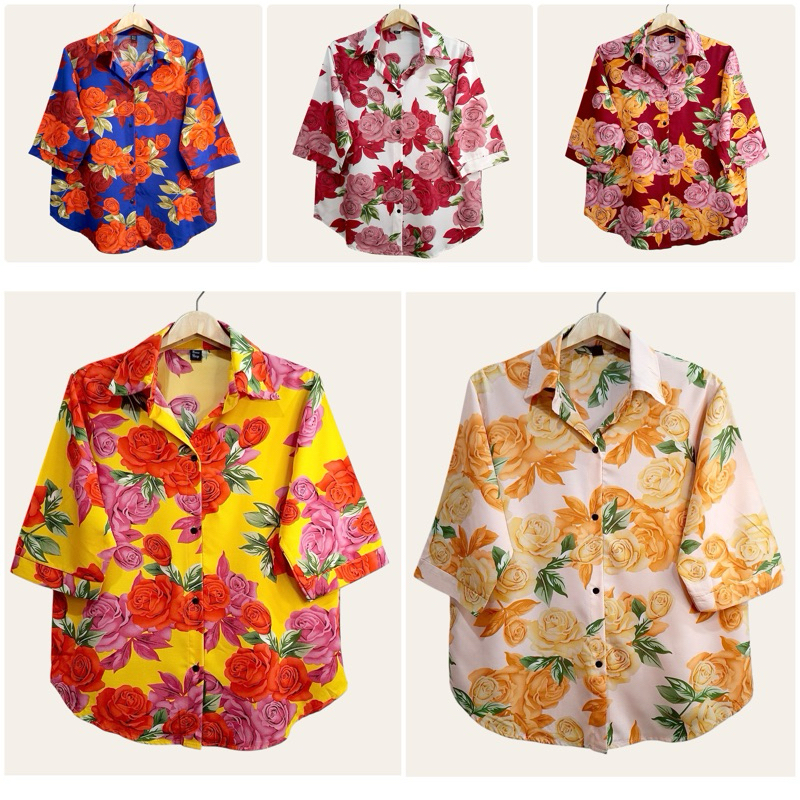 (อก 42”) เสื้อเชิ้ต เเขนสามส่วน ผ่าหน้า ลายกุหลาบ ผ้าไหมอิตาลี ไม่ต้องรีด