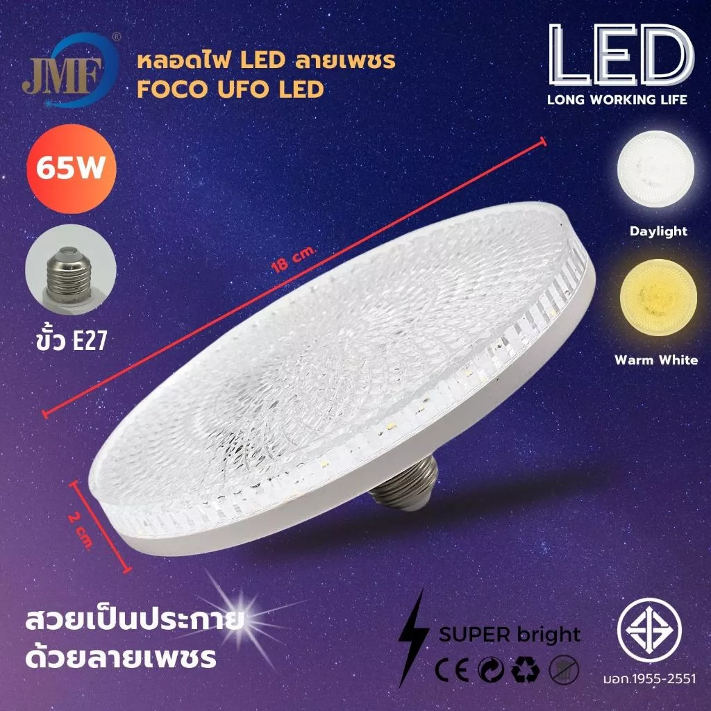 🔥NEW!!🔥 JMF หลอดไฟจานบิน UFO 65W/95W แสงขาว แสงวอร์มไวท์ ใช้กับขั้ว E27 หลอดไฟเพชร สว่างมาก ประหยัดไฟ ทนทาน
