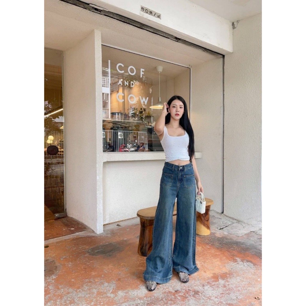 ninn jeans👖8961 กางเกงยีนส์ขาบาน เอวสูง ผ้าไม่ยืด กระเป๋าปะหน้า เย็บปลายขา งานพรีเมียมนำเข้า