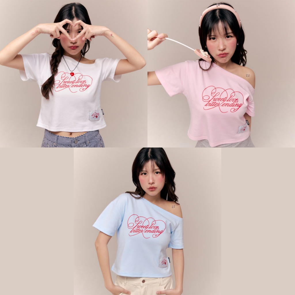 (พร้อมส่ง)prey เสื้อปาดไหล่แขนสั้น sweet love top