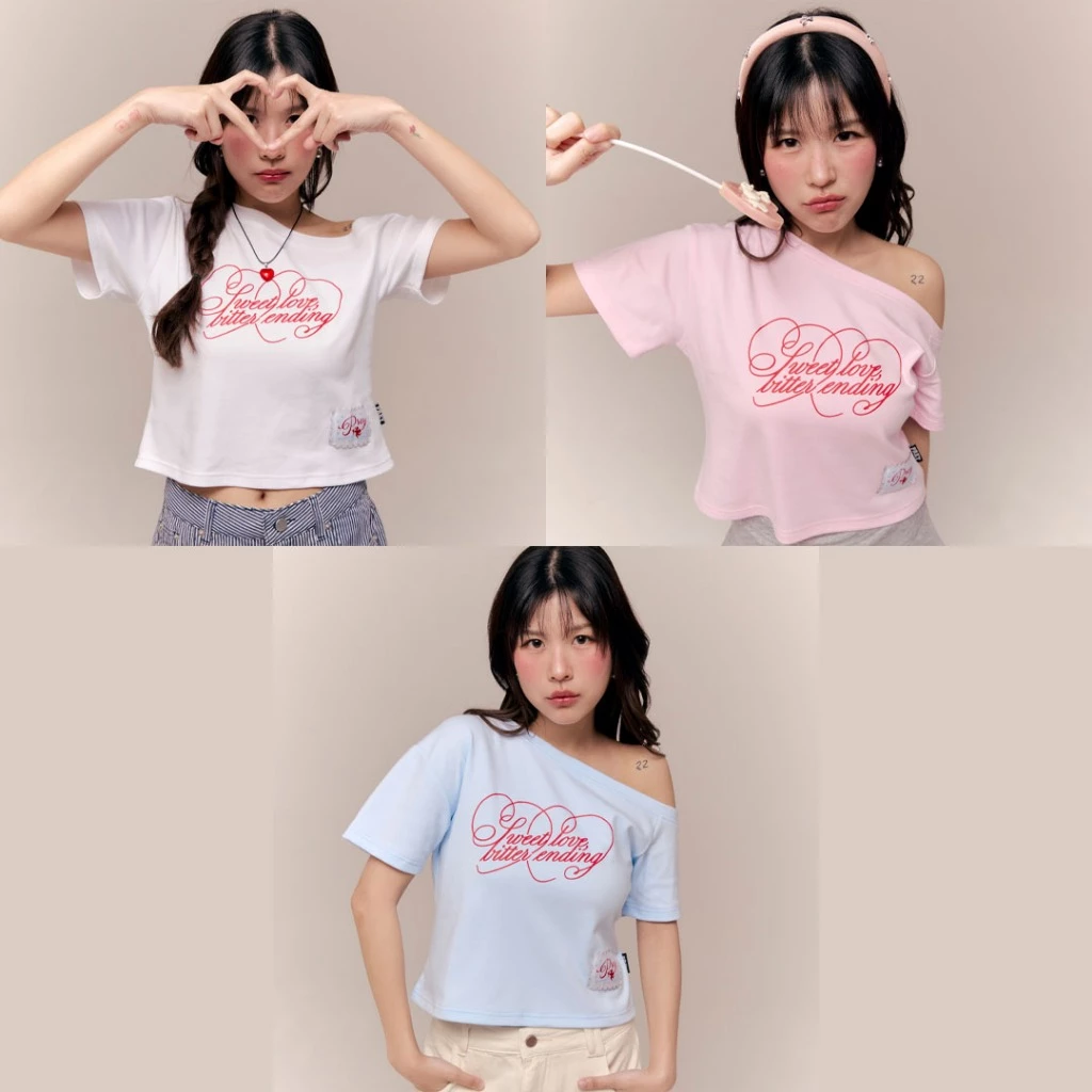 (พร้อมส่ง)prey เสื้อปาดไหล่แขนสั้น sweet love top