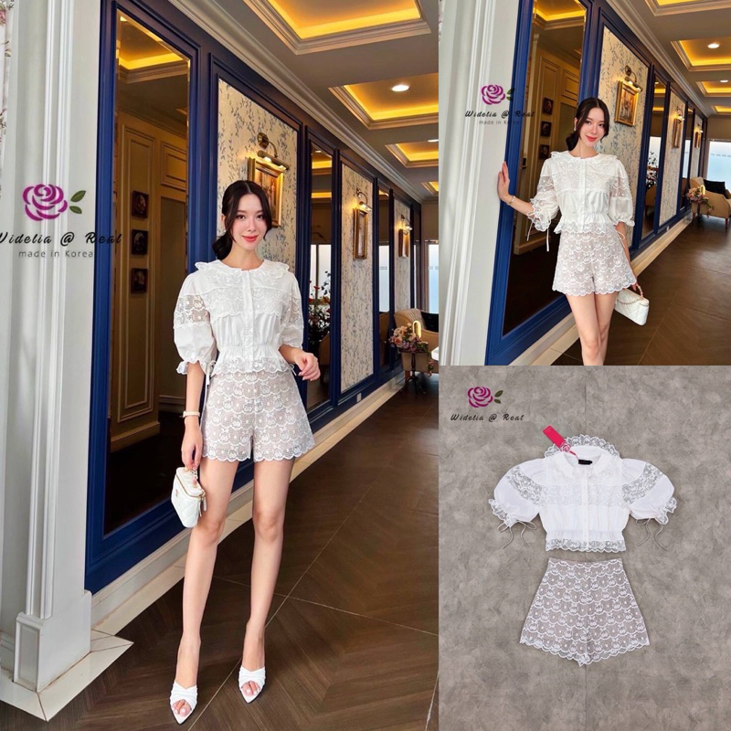 M2 งานป้าย Widelia@Real Set ชุดเซ็ท เสื้อลูกไม้แขนพอง+กางเกงขาสั้น สำหรับผู้หญิง เสื้อผ้าแฟชั่นผู้หญ
