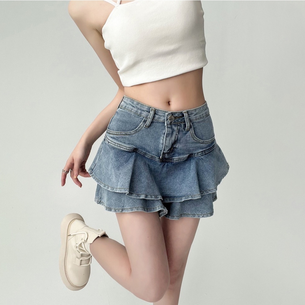 XS-4XL กระโปรงกางเกงยีนส์ สไตล์สาว Y2Kกระโปรงยีนส์แต่งระบายสองชั้น กระโปรงยีนส์สไตล์เกาหลี ผ้านุ่ม กางเกงขาสั้นเข้ารูป C - รูปที่ 2