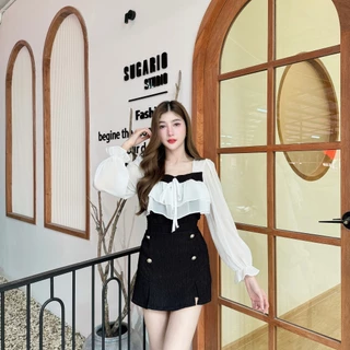 ชุดเซตผ้าเปลือกไม้ เสื้อแขนยาวผ้าซีฟองระบายอกผูกโบว์อก+กางเกงกระโปรงเอวเรียบสม็อคหลังแต่งกระดุม A5852