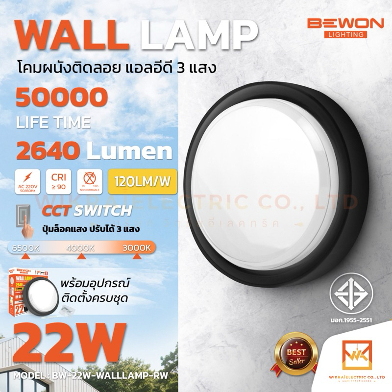 BEWON โคมผนังติดลอย LED ทรงกลม 22W 3 แสงในโคมเดียว แสงขาว คลูไวท์ วอร์มไวท์ มีบอดี้สีขาวและสีดำให้เลือก