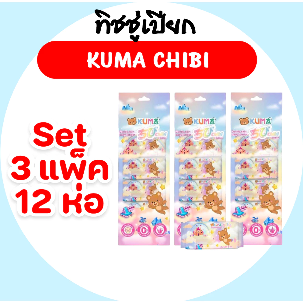 [เซท 3 แพค] KUMA Chibi คุมะ ชิบิ กระดาษทิชชู่เปียกพกพา ห่อ 8แผ่น แพค 4ห่อ ห่อจิ๋ว