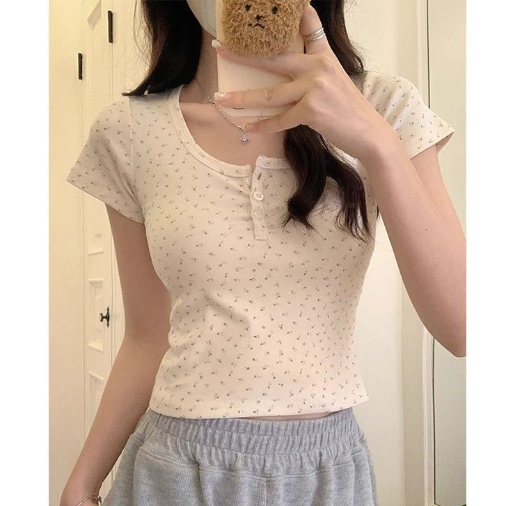 เสื้อครอป สายเดี่ยวครอป  หวานน่ารัก ลายดอกไม้ ยืดได้ คอกลม #0202645 - รูปที่ 3