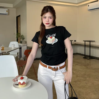 🌈SpinnyHouse🌈เสื้อยืดคอกลมแขนสั้น ผ้ายืดยูนิ แต่งจั๊มข้าง สกรีนลายเค้กน่ารัก 🎀สาวอวบใส่ได้ รุ่น จั๊มข้างเค้ก