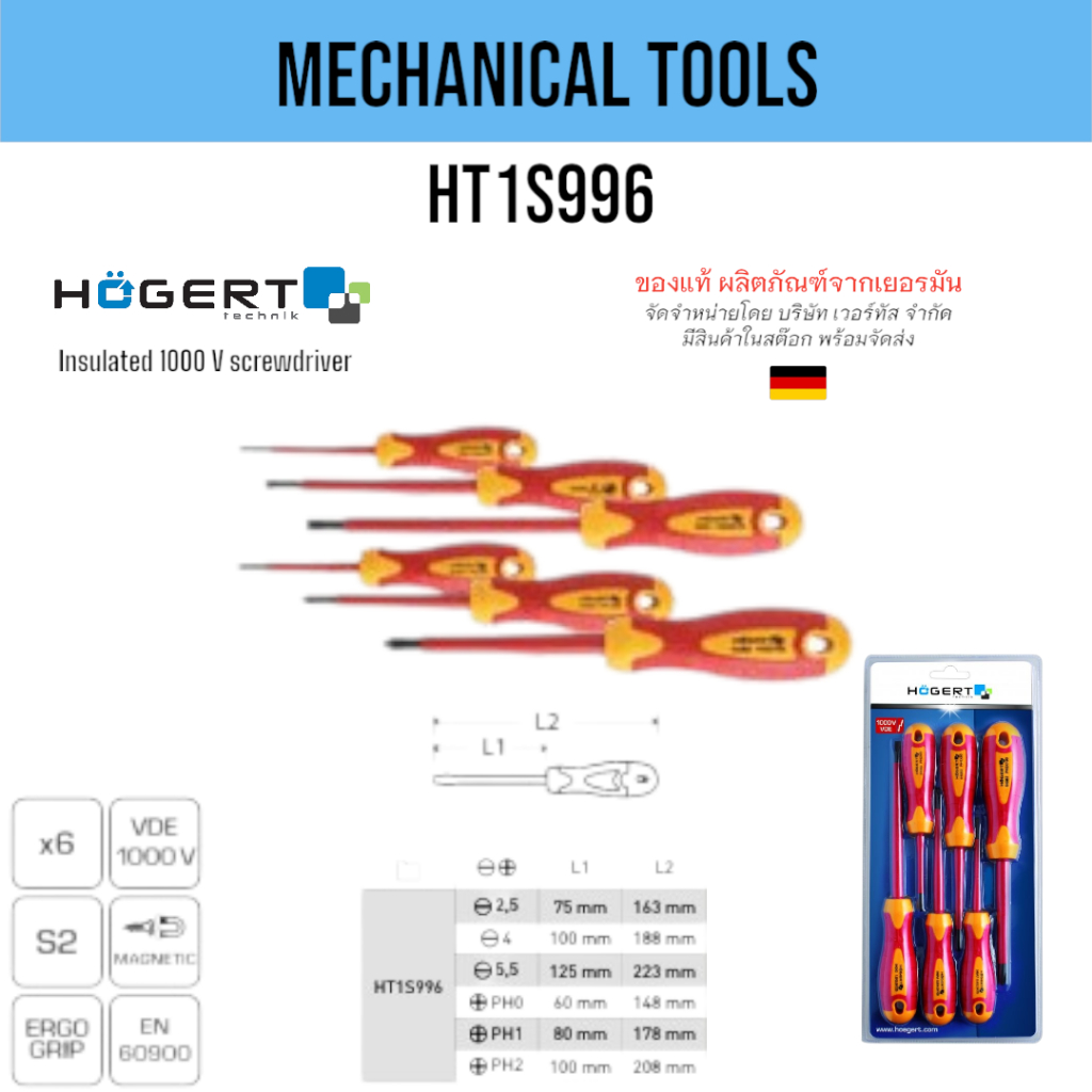 6 - piece insulated screwdriver set, 1000 V, S2 steel
