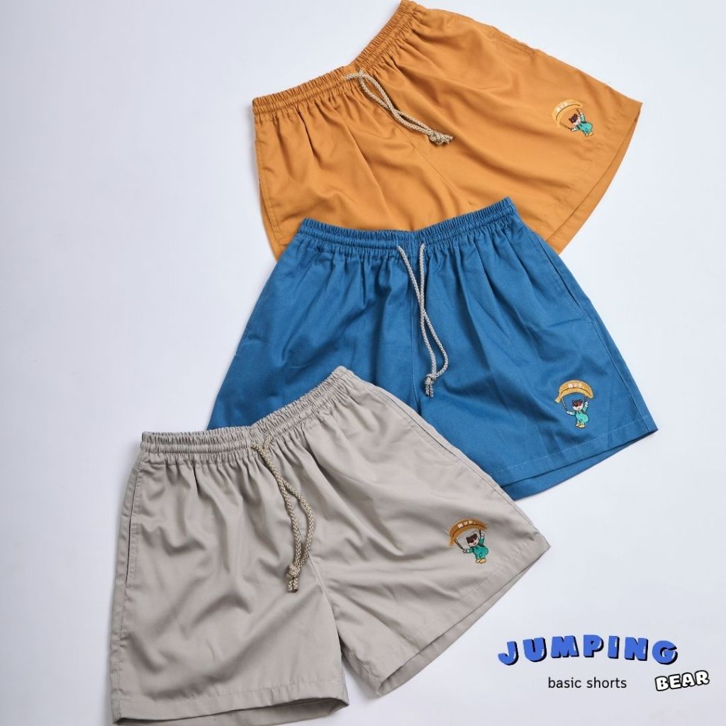 Basic shorts กางเกงขาสั้นเอวยางยืดผ้า Cotton - ลายปัก JUMPING BEAR 🪂 ₊⋆ ☀︎☁️