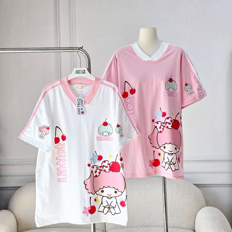 JUST A CHILL DAY New เสื้อยืดโอเวอร์ไซส์ Oversize สกรีนลาย น่ารัก แต่งแถบตรงไหล่ 2 แถบ