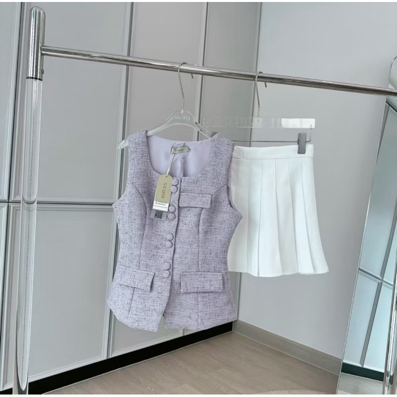 ชุดเซท Valeria tweet set   🐰ได้ทั้งชุด เสื้อทวิตแขนกุด + กระโปรงจีบ(มีซับในกางเกง) - Swanashop