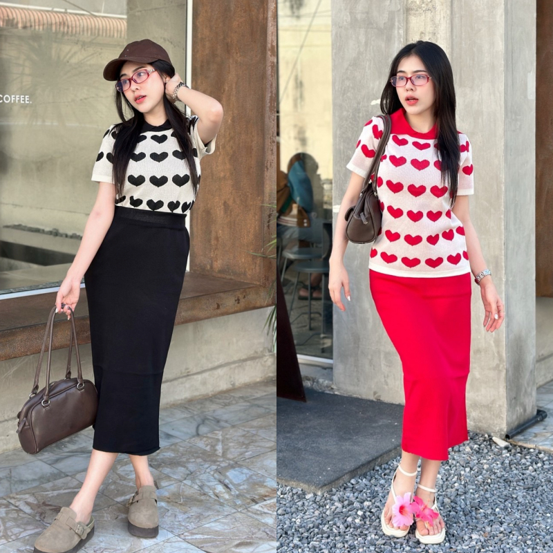 🌈SpinnyHouse🌈ชุดเซ็ต2ชิ้น งานผ้าไหมพรม เสื้อคอปกโปโลทอลายหัวใจ+กระโปรงยาว ผ้าไหมพรมยืด รุ่น ปฏิทิน