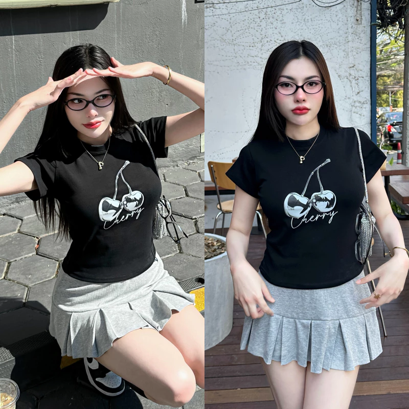 🌈SpinnyHouse🌈เสื้อBABYTEE เสื้อทรงเบบี้ที สกรีนลายเชอร์รี่ 🍒 ผ้ายืดยูนิ ยืดเยอะ ทรงสวยใส่ง่าย y2k รุ่น กิมจิสั้นเชอรี่