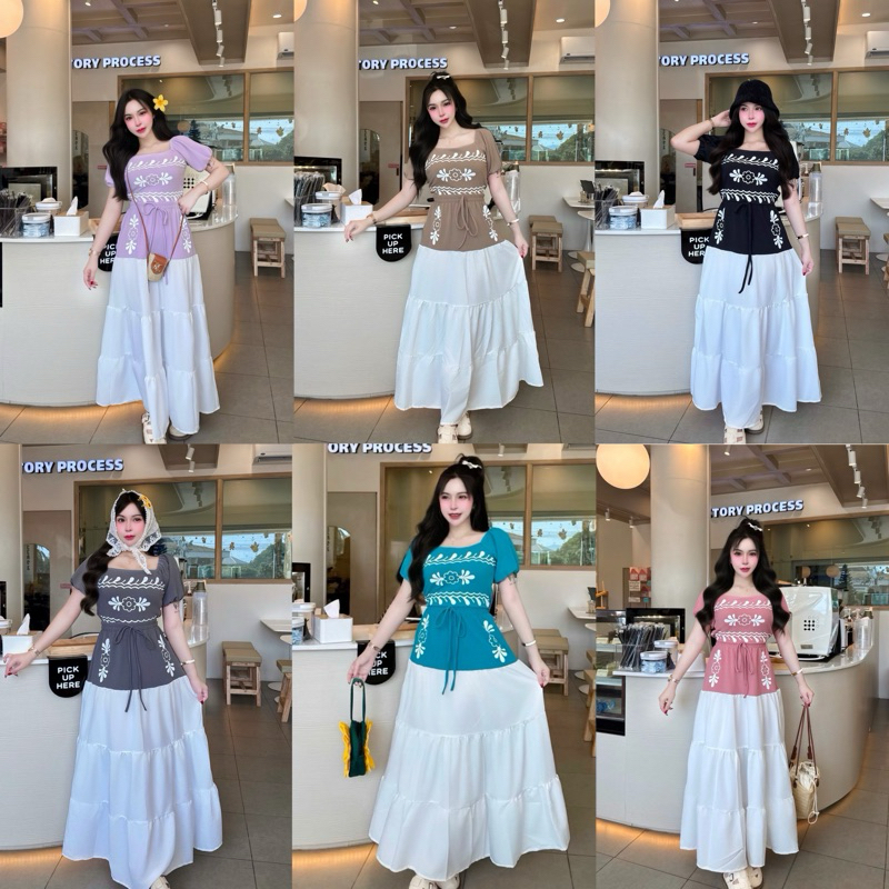 ชุดเดรส กระโปรงยาวเสื้อแต่งลายดอกไม้แขนตุ๊กตา Clothing ผู้หญิง