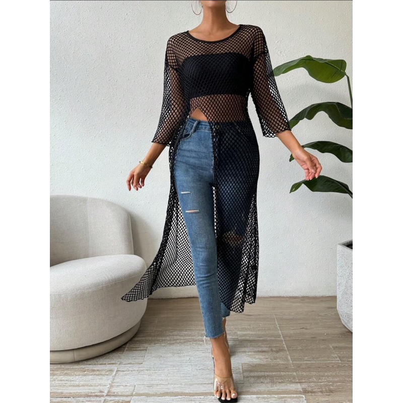 SHEIN Raffinéa เสื้อท็อป ผู้หญิง ยาวตาข่ายFishnet พร้อม ด้านข้าง