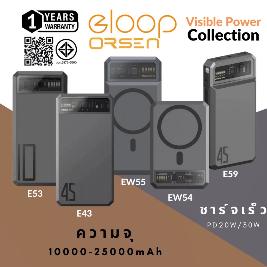 Eloop Orsen E43 E53 EW54 EW55 E59 power bank แบตสำรอง10000-25000Mah Wiraeless Charger โทรศัพท์