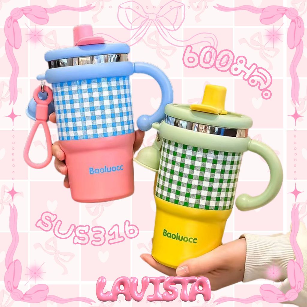 [สแตนเลส316 600ML.] แก้วเก็บความเย็นพร้อมหูจับ แก้วเก็บความเย็นสีพื้นน่ารัก