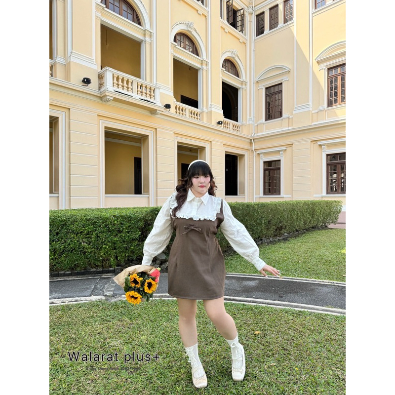 /WP/ มินิเดรสสาวอวบ ตัดแต่งคอเชิ้ต และแขน ระบายช่วงบน เข้ารูป สายเรียบหรู คุณหนู ห้ามพลาด #เสื้อผ้าไซส์ใหญ่ พลัสไซส์ - รูปที่ 2