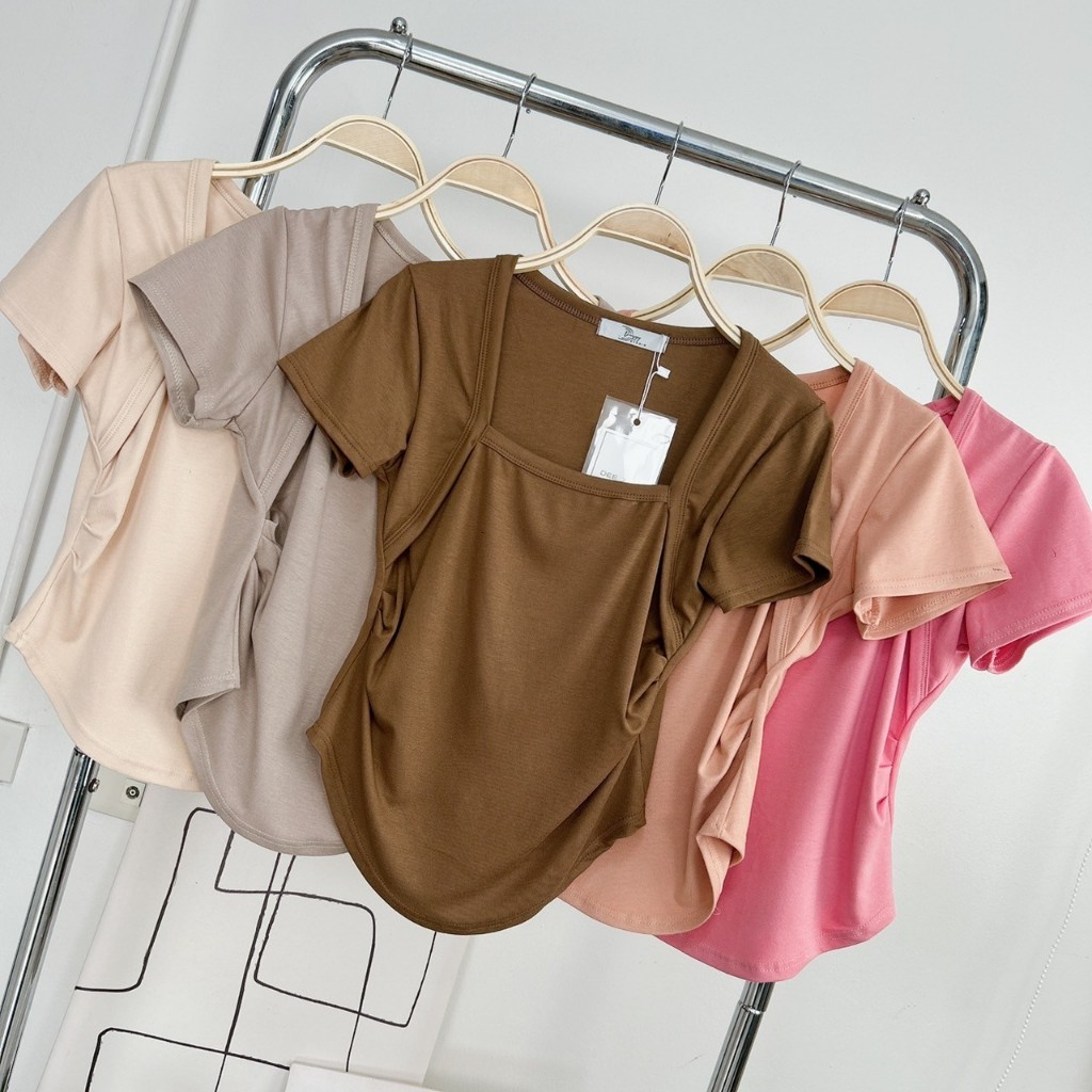 117-118 เสื้อยืดแขนสั้น ชายโค้ง กุ้นคอเหลี่ยม ผ้าSlippy