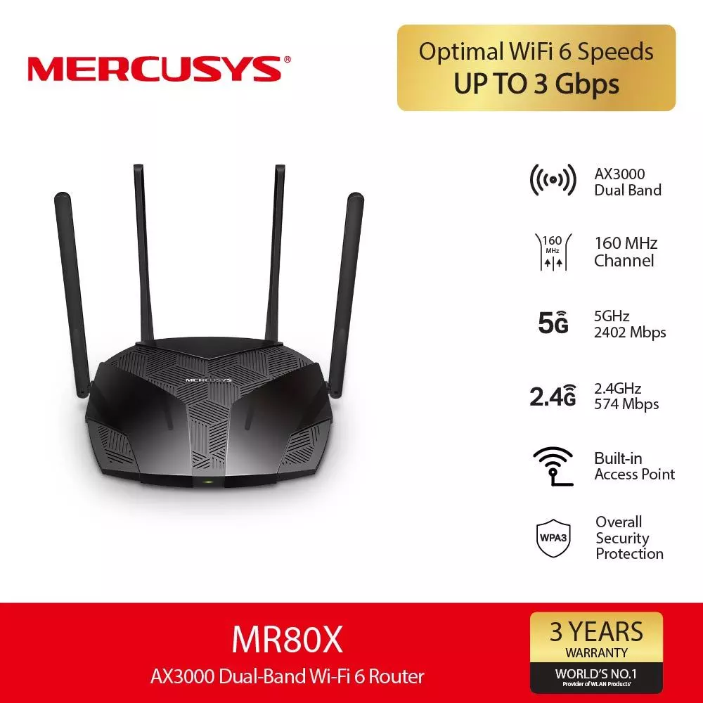 Mercusys MR80X AX3000 Dual-Band Wi-Fi 6 Router เราเตอร์ 2.4/5Ghz