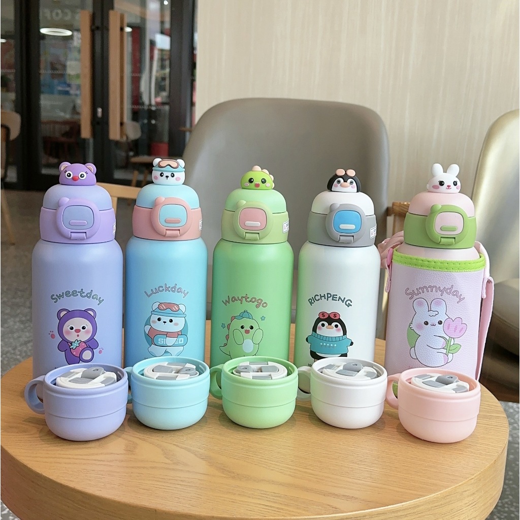 กระติกเก็บความเย็น2in1สำหรับเด็กนักเรียน กระบอกน้ำ ขวดน้ำเด็ก ความจุ500ml พร้อมกระเป๋าสะพาย หลอดดูดและแก้วเท