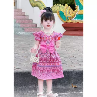 ชุดกระโปรงลายไทยเด็กผู้หญิง ชุดเด็กลายไทย ชุดกระโปรงผ้าฝ้ายลายไทย