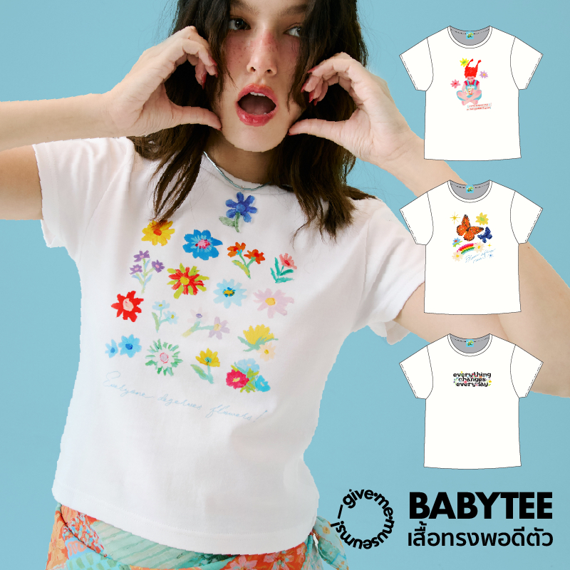 BABY TEE เสื้อยืดทรงพอดีตัว crop top ลายดอกไม้ give.me.museums