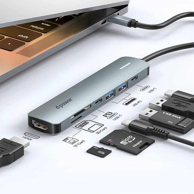 d-power ตัวแปลงสัญญาณ USB TYPE-C มัติพอร์ท 7 in 1 รุ่น AD-X10 (USB-C to HDMI+USB*2+PD+USB-C+SD+TF)