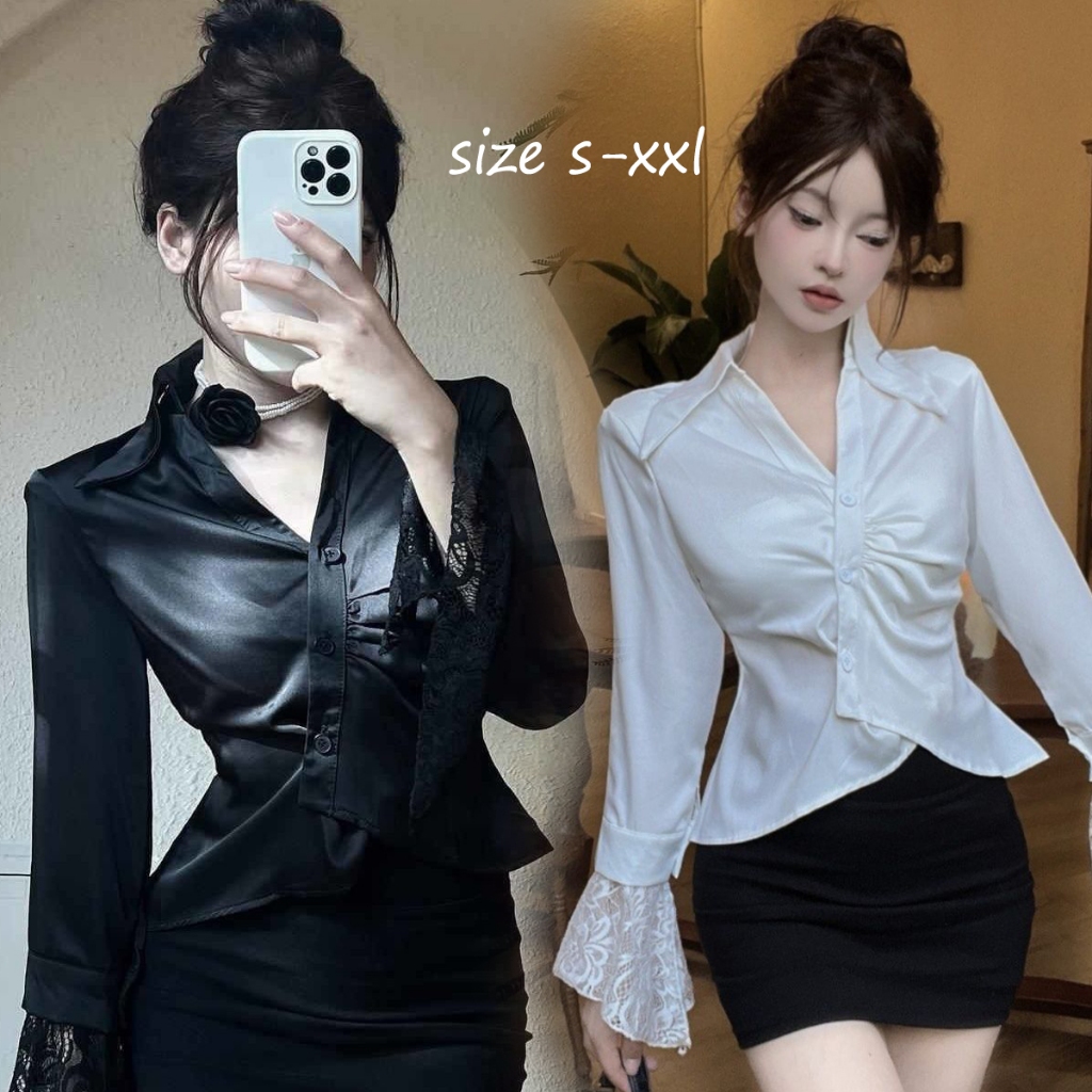 MIMI&DIDI##เสื้อเชิ้ตแขนยาวครอปสีขาวแฟชั่น สไตล์เรียบหรู เย็บลูกไม้ ปก สำหรับผู้หญิง คุณภาพสูง เอวกระชับสัดส่วน#W551