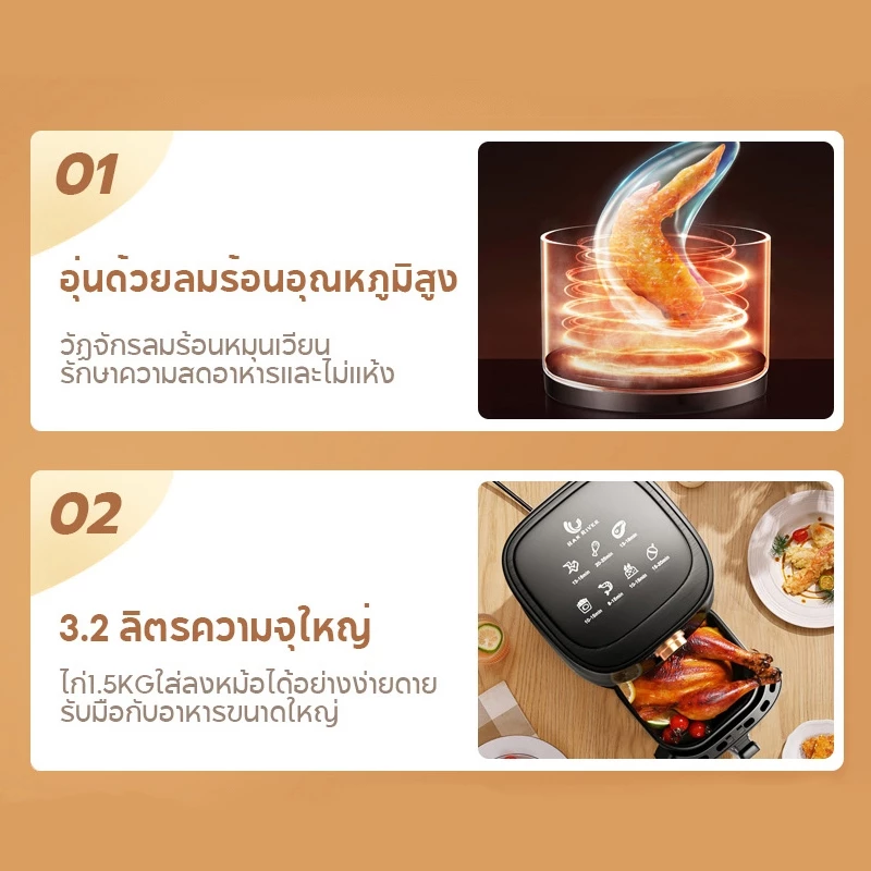 HAN RIVER หม้อทอดไร้น้ำมัน Air Fryer 3.5L 1000W หม้ออบลมร้อนมัลติฟังก์ชัน ทำอาหารไขมันต่ำ รุ่น PW408 thumbnail 8