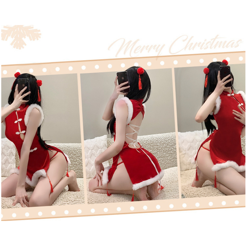 ชุดกี่เพ้าเซ็กซี่ โชว์หลัง ผ่าสูง 2ข้าง ผ้ากำมะหยี่ สีแดง ชุดนอนไม่ได้นอน ชุดยั่ว เซ๊กซี่ รหัส*S5 - รูปที่ 3