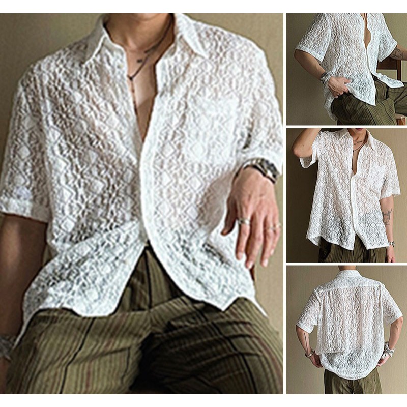 เสื้อเชิ้ตแขนสั้น ผ้าตาข่าย เหมาะกับเดินชายหาด สําหรับผู้ชาย #TS-9001
