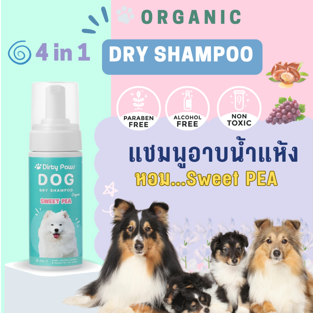 โฟมอาบน้ำแห้ง สุนัข สูตรออร์แกนิค 4in1 กลิ่น SWEET PEA หอมนาน หอมลืม Dirty Paws