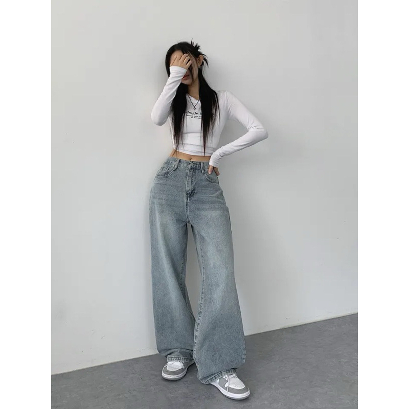 กางเกงยีนส์ขายาว เอวสูง ทรงกระบอก ผู้หญิง พร้อมส่งในไทย สไตล์ Baggy Jeans BunnyJ. - รูปที่ 2