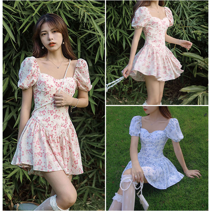 เดรสลายดอกไม้ เดรสแขนสั้น ทรงสั้น แขนพอง คอเหลี่ยม ทรงเข้ารูป