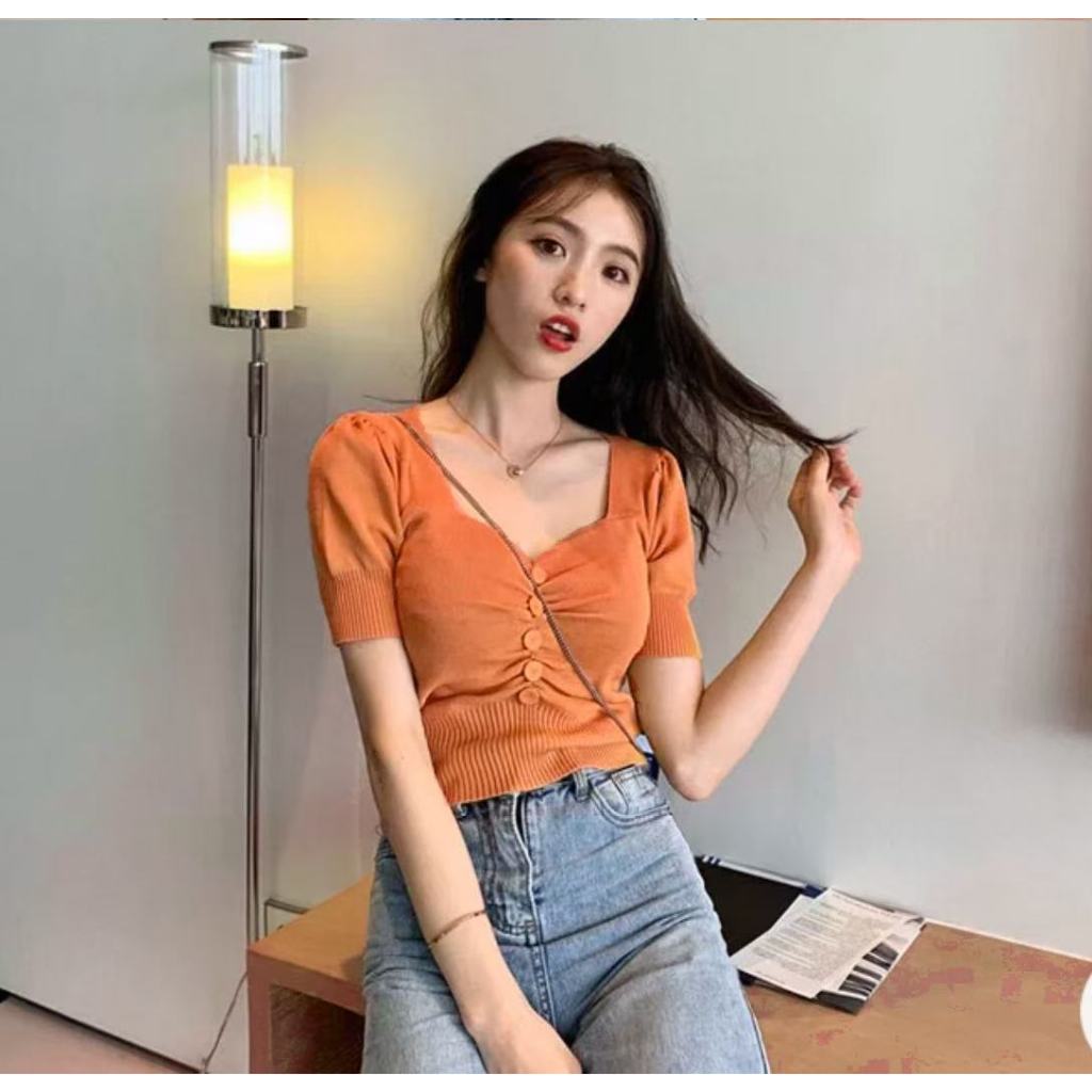 DODO เสื้อไหมพรมแขนสั้น คอหัวใจ จีบหน้ามีกระดุม#783-1