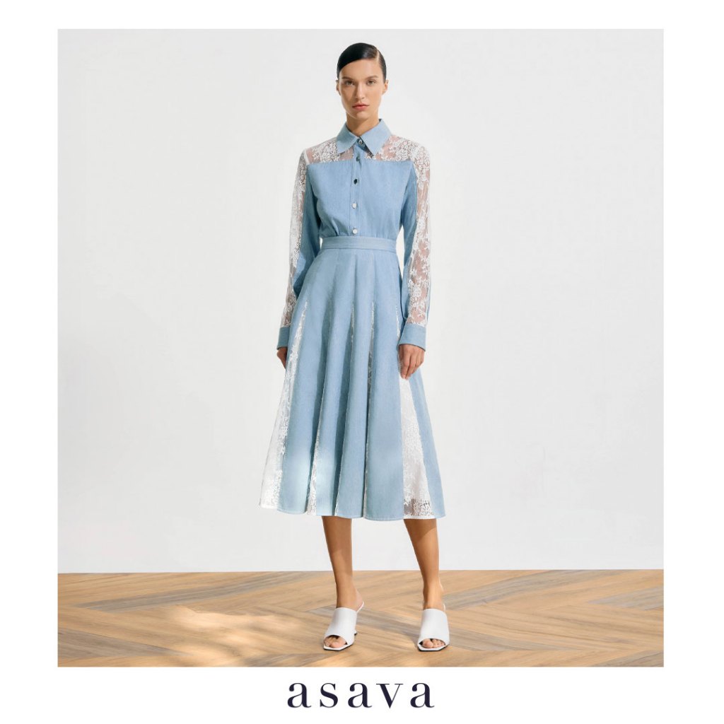 [asava ss25] Hayden Denim Lace Skirt กระโปรงผู้หญิง ทรงเอ ซิปหลัง ผ้าเดนิมตัดต่อลูกไม้
