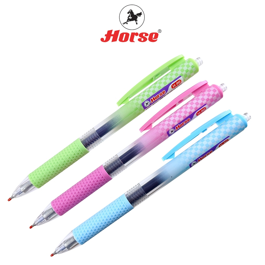 HORSE (ตราม้า) ปากกาเจล แบบกด 0.5mm ปลอกจับนุ่ม ลายสก๊อต ตราม้า รุ่น H-90 จำนวน 1 ด้าม (NEW)