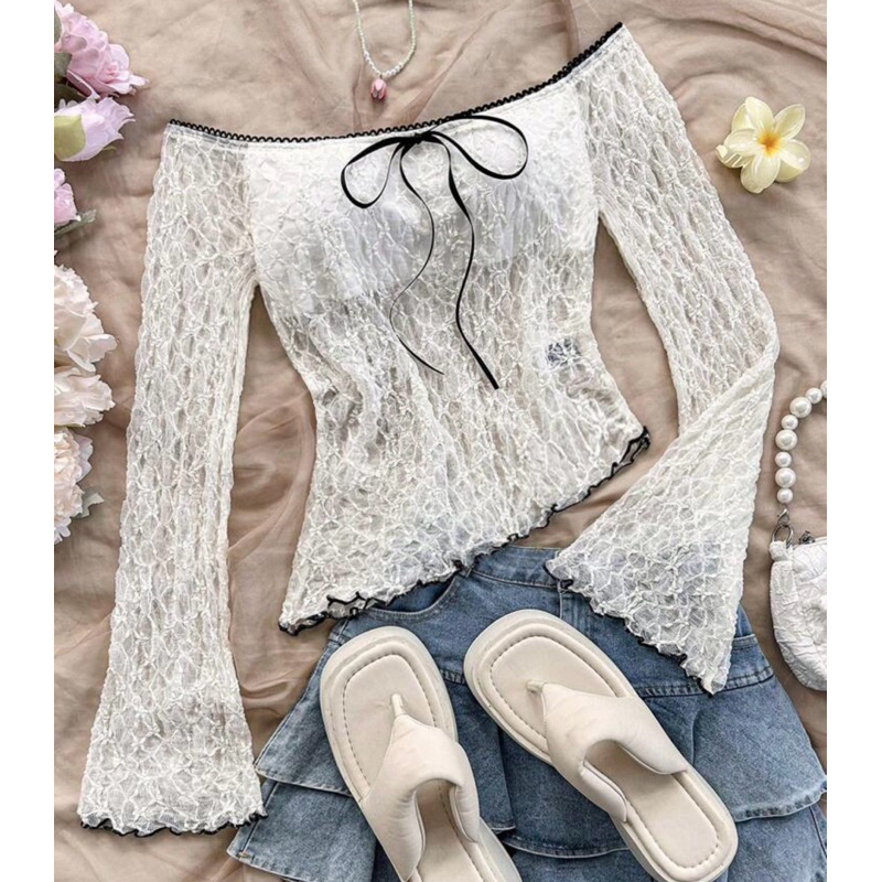 เสื้อยืดเปิดไหล่ แขนยาวระบาย ซีทรู โบว์หน้า ปลายเฉียง