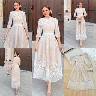 🧡พร้อมส่ง S M L 🧡ป้าย Orange Juice💕เดรสลูกไม้สีขาว คอกลม แขน…
