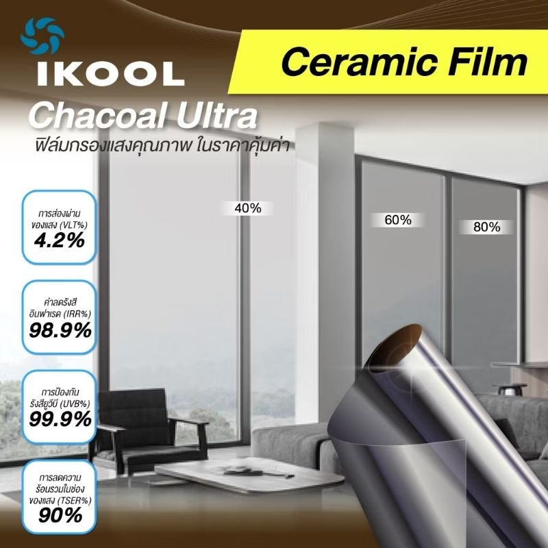 ฟิล์มกรองแสง iKOOL รุ่น Charcoal Ultra ฟิล์มนาโนเซรามิค ติดตั้งง่าย [เลือกขนาดความเข้มได้] พร้อมส่ง