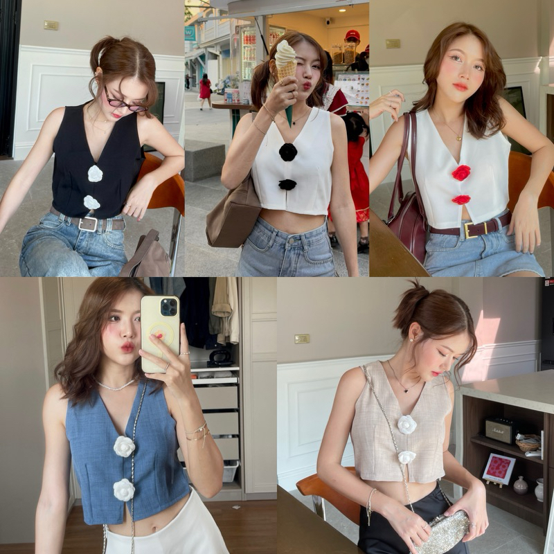 M15-  เสื้อครอปแขนกุดคอวี แถมเข็มกรัดดอกไม้ น่ารักมาก งานซิปข้าง