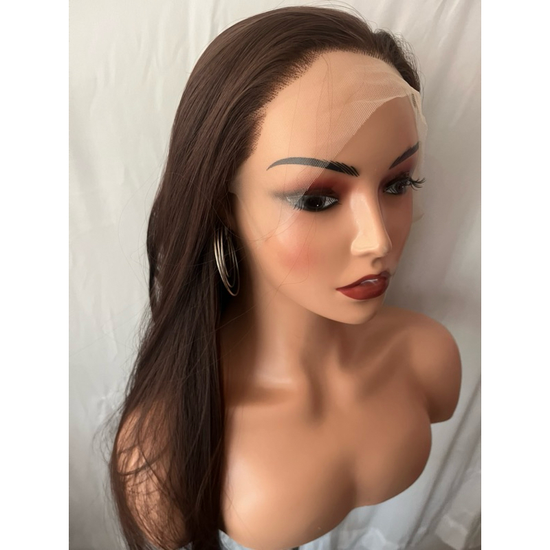 วิกทอมือครึ่งหัว สีน้ำตาลกลาง สีเสมอกันทั้งหัว ไหมทนความร้อน