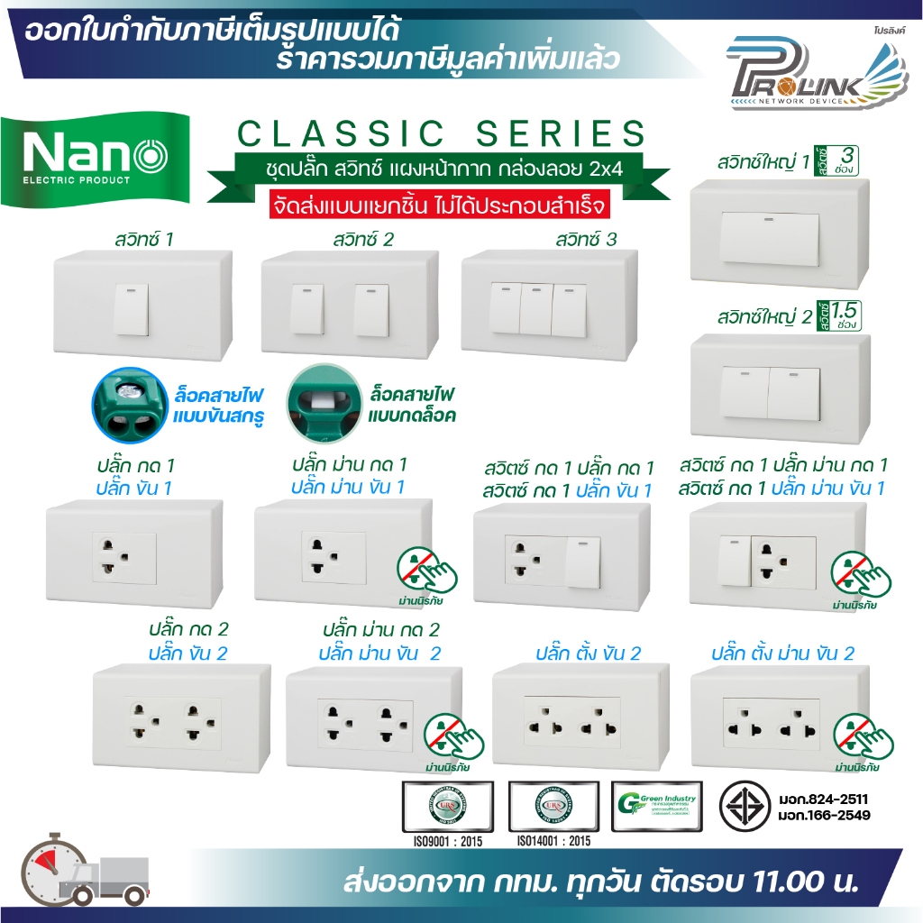 NANO ชุด สวิทซ์ ปลั๊ก หน้ากาก บล็อคลอย ไฟฟ้า รุ่นใหม่ 2x4 จัดส่งแบบแยกชิ้น