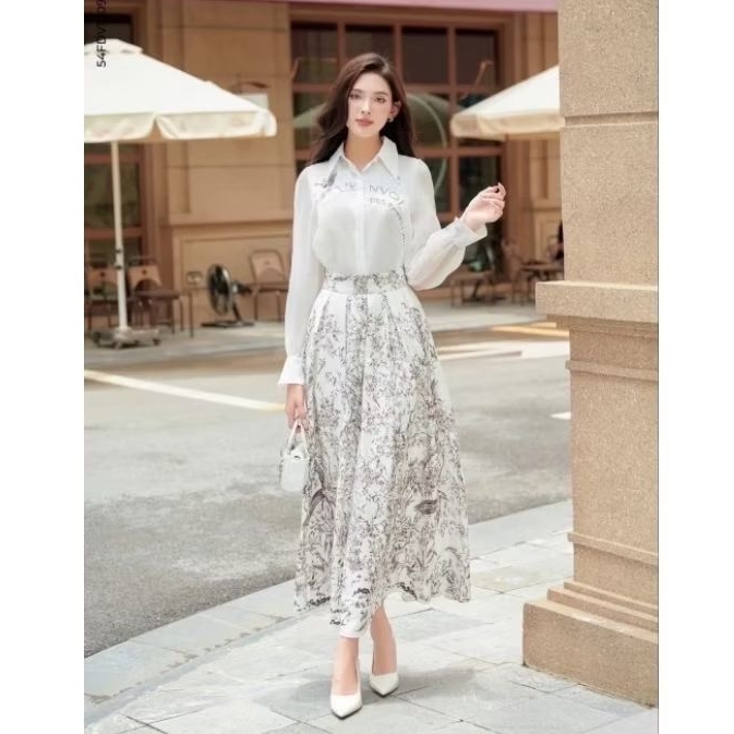 Ticha 2xl,3xl,4xl เสื้อเชิ้ตสีขาวพิมพ์ลายนก + กระโปรงยาวพิมพ์ลาย ชุดทำงาน