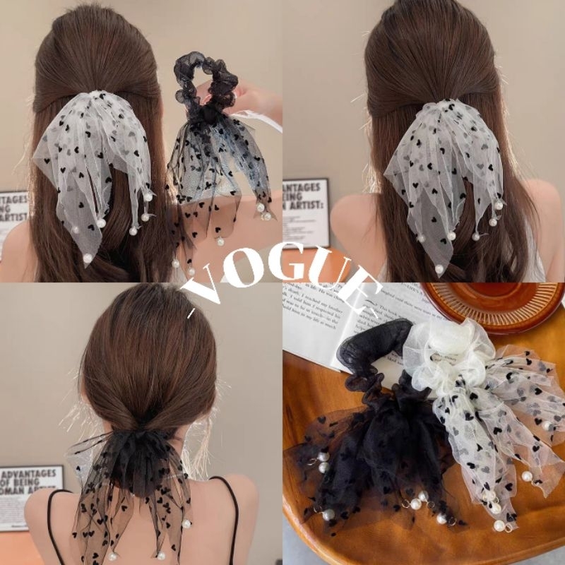 Vogue🌟พร้อมส่ง🌟 ยางมัดผม ลายหัวใจ สีขาวดำ แต่งซีทรูมุกน่ารักคาวาอี้มาก (VO-1)