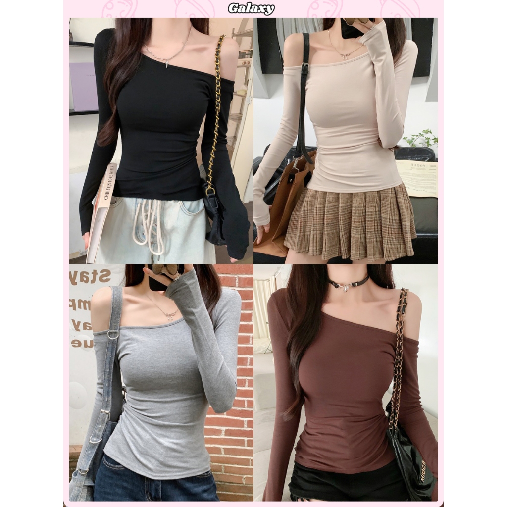 เสื้อยืดผู้หญิง เสื้อครอปท็อปแขนยาวลําลอง ทรงรัดรูป เปิดไหล่ รัดรูปสวย เข้ากับทุกสไตล์  #020276